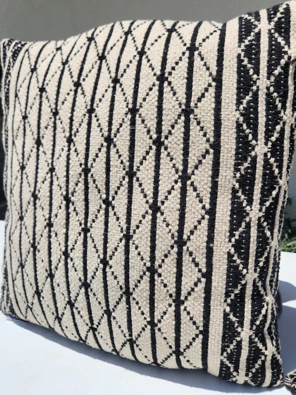 Hand Woven Geometric Accent Throw Pillow Creme Black Off White with Tassels 21